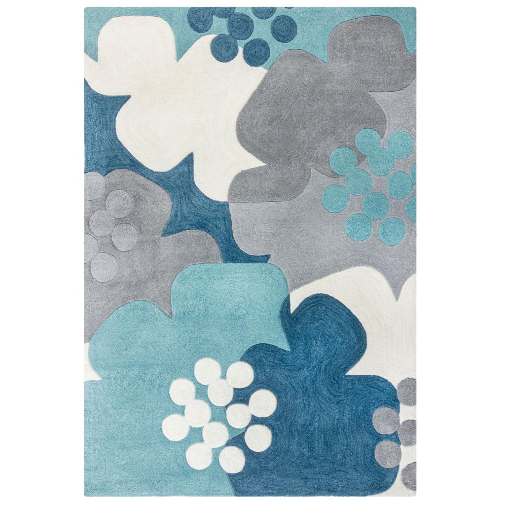 Zest Retro Soft Floral Rugs in Blue Ochre and Raspberry