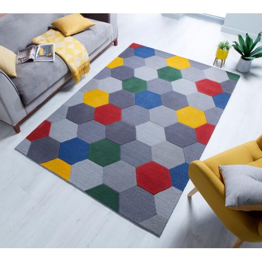 Moderno Munro Geometric Hexagons Hand Carved Wool Rug in Red Yellow Multi
