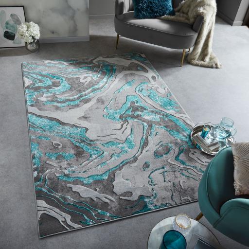 Eris Marbled Modern Abstract Metallic Silver, Natural, Navy, Blush Pink and Emerald Rugs & Runners