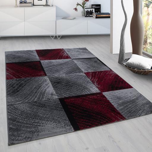 Modern Plus Checked Squared 3d Design, Gray And Red Rug Runner
