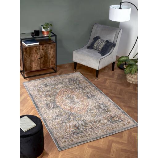 Nova 8881 Traditional Antique Soft Rug Hallway Runner in Green, White Yellow and Dark Blue