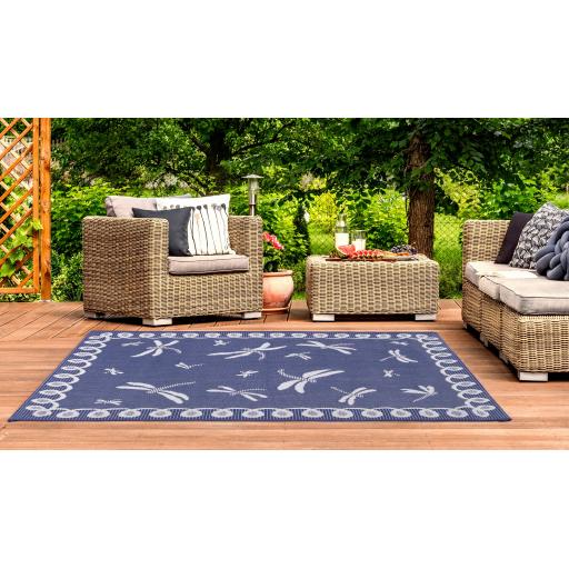Terrace Dragonfly Outdoor Bordered Rug in Terracotta, Blue, Gold, Teal and Natural