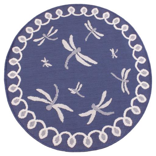 Terrace Dragonfly Outdoor Bordered Circle Round Rug in Terracotta, Blue, Gold, Teal and Natural