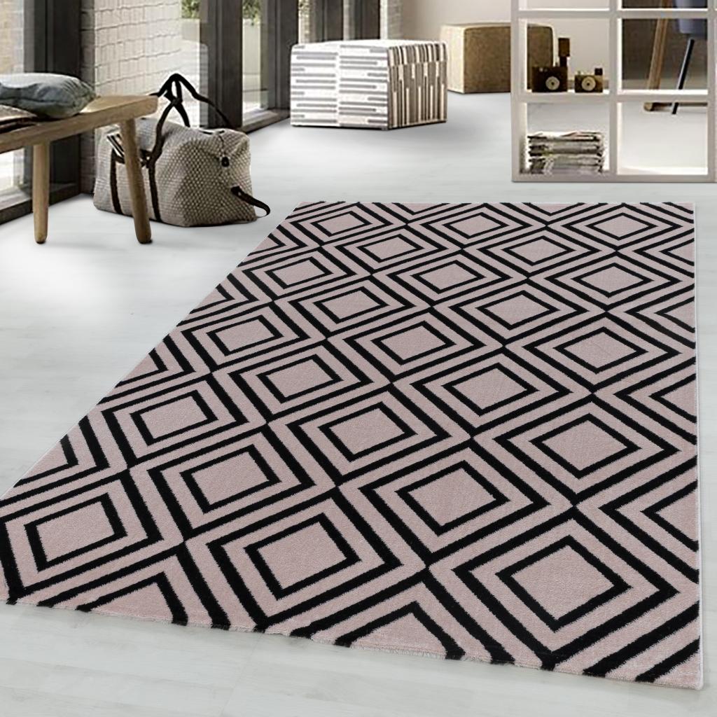 Modern Costa 3525 Sleek Bohemian Pattern Black Grey and Pink Rug