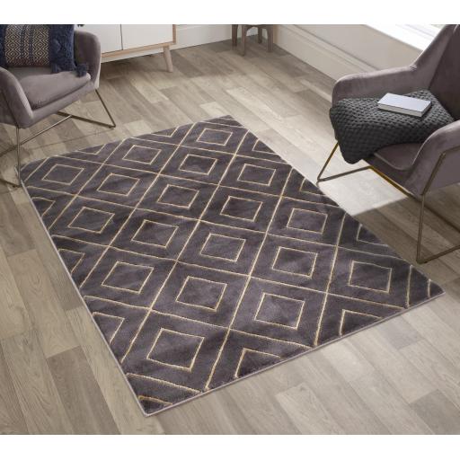 Bianco Hand Carved Diamond Geometric Design Rug in Dark Grey Gold and Silver