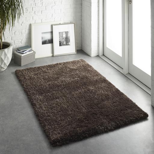 Chicago Shaggy Modern Plain Rug Hallway Runner and Circle in Chocolate Brown