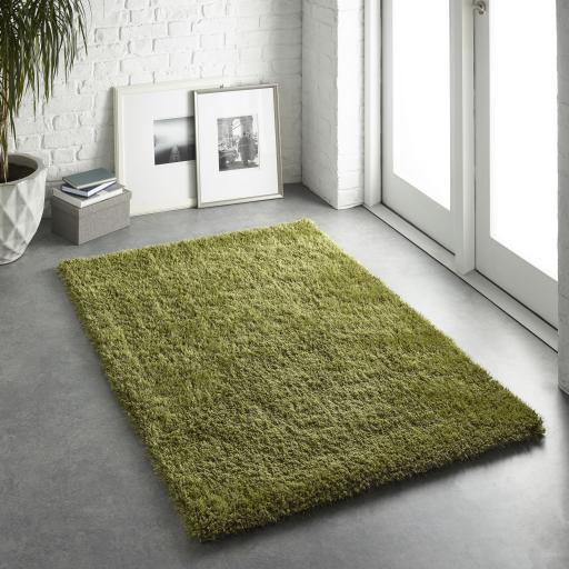 Chicago Shaggy Modern Plain Rug Hallway Runner and Circle in Olive Green