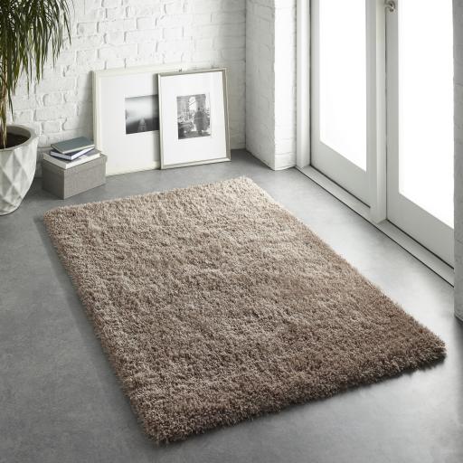Chicago Shaggy Modern Plain Rug Hallway Runner and Circle in Latte