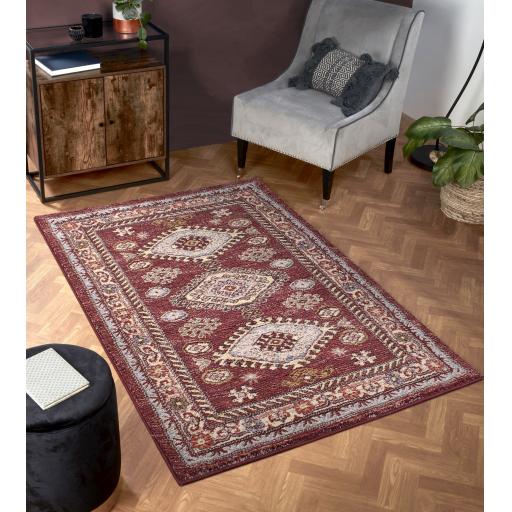 Cashmere 5567 Traditional Bordered Soft Rug Hallway Runner in Cream, Red, Terracotta, Blue