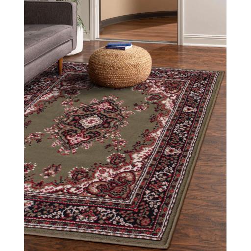 Lancashire Traditional Oriental Classic Rug Hallway Runner and Circle Carpet in Green