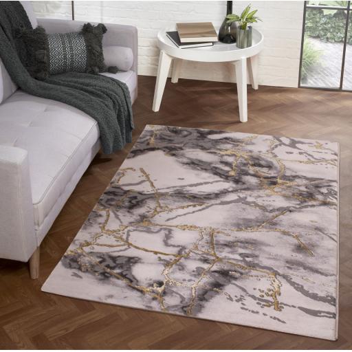 Bianco 185KA Luxurious Abstract Marbled Design Rug in Cream Gold and Dark Grey Silver