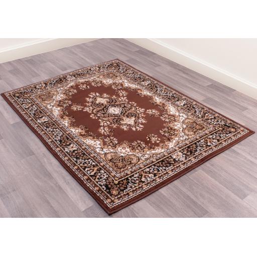 Lancashire Traditional Oriental Classic Rug Hallway Runner and Circle Carpet in Chocolate Brown