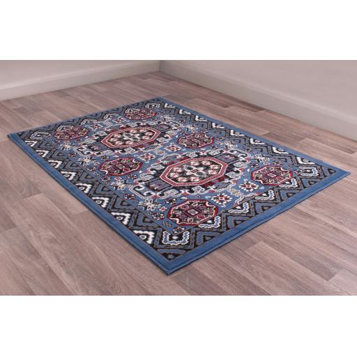 Traditional Poly Kayo Bordered Rug Hallway Runner and Circle in Jean Blue