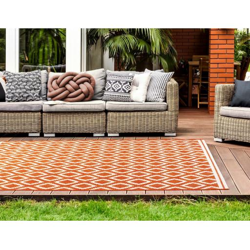 Terrace Diamond Modern Geometric Indoor Outdoor Rug in Navy, Gold, Terracotta, Grey, Red and Teal