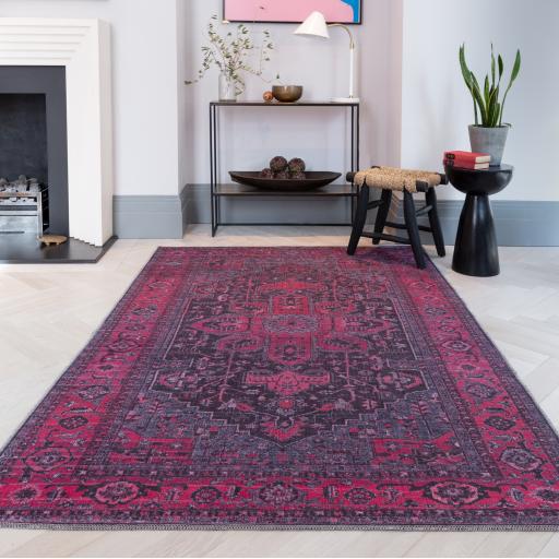 Kaya Alya KY16 Traditional Classic Persian Floral Flatweave Washable Rug in Pink Black