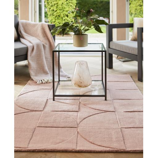 Penny 3D Hand Carved Geometric Wool Rug in Eucalyptus, Infinity Blue, Steel Blue and Blush Pink