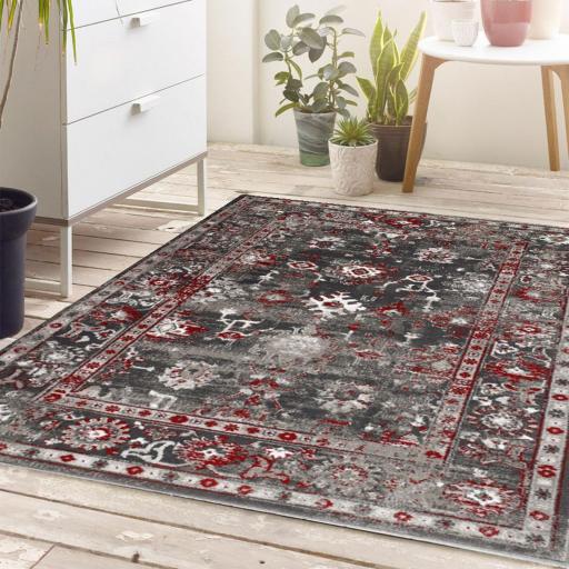 Anatolia Traditional Bordered Floral Classic Rug in Light Dark Grey and Red
