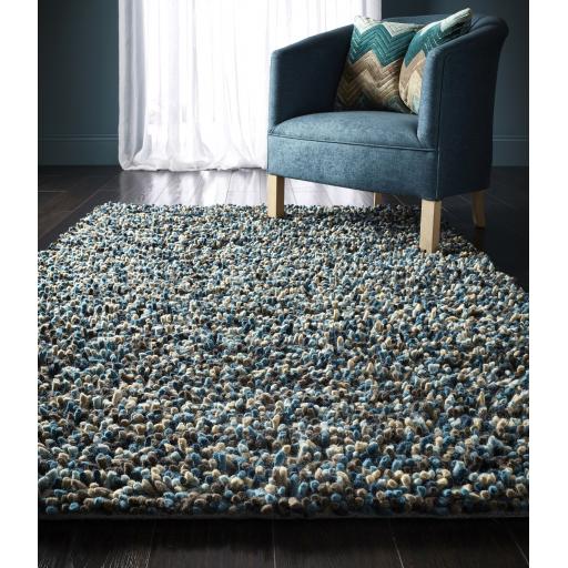 Rocks Shaggy Hand Woven Wool Long Pile Rugs in Grey, Ochre, Blue, Multi,  Pastel and Natural