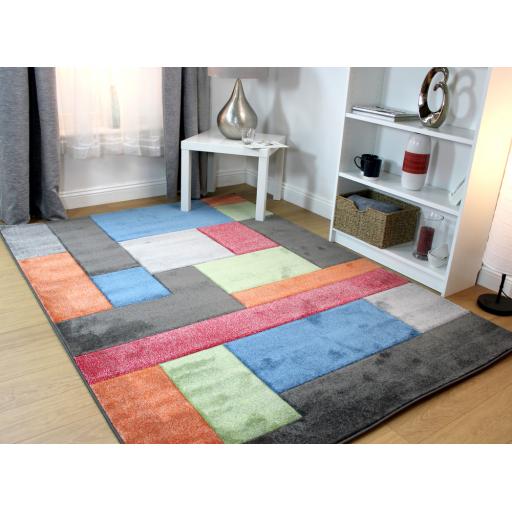 Hand Carved Cosmos Suared Blocks Pattern Multi Coloured Rug in 80 x 150 cm