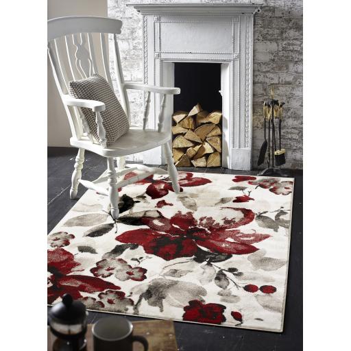 Watercolour Floral Modern Abstract Rugs in Red, Grey and Beige