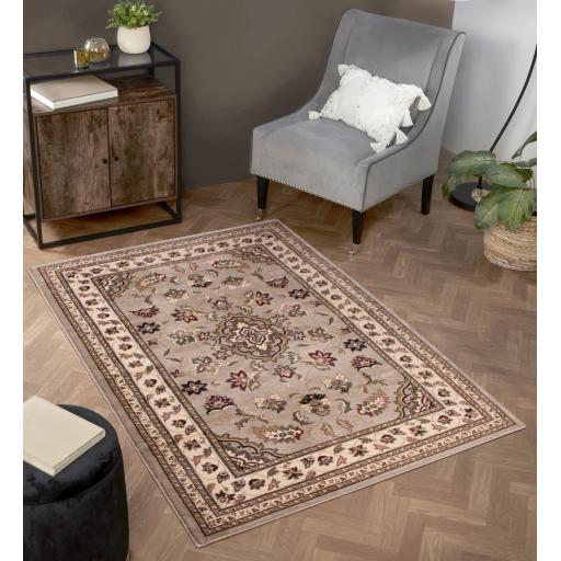 Traditional Sherborne Classic Bordered Rug Hallway Runner in Beige