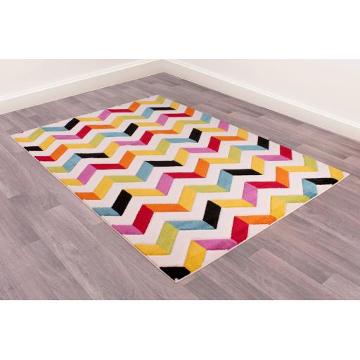 Spectra Carved Coral Geometric Rainbow Bright Multi Coloured Soft Rug Hallway Runner and Round