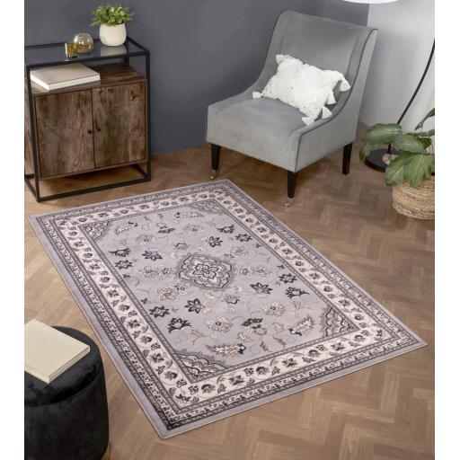 Traditional Sherborne Classic Bordered Rug Hallway Runner in Grey