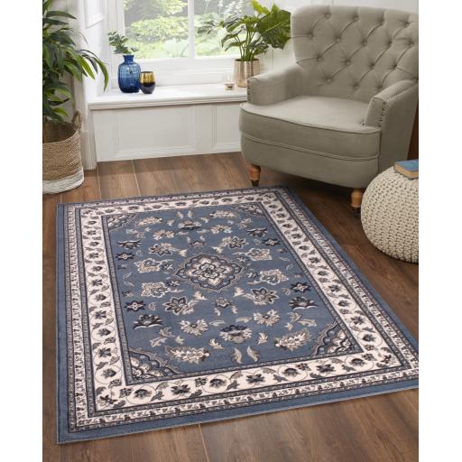 Traditional Sherborne Classic Bordered Rug Hallway Runner in Blue
