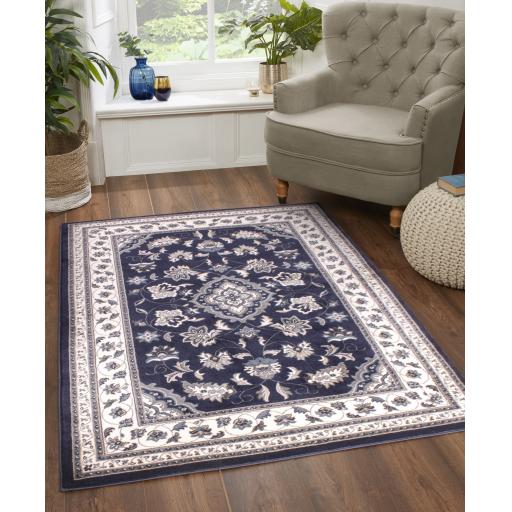 Traditional Sherborne Classic Bordered Rug Hallway Runner in Navy Blue
