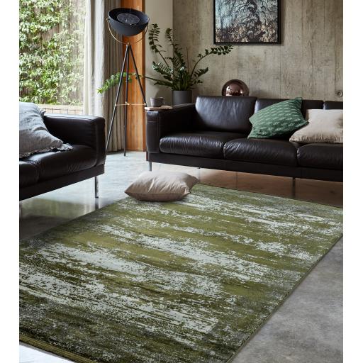 Athera Bordered Distressed Abstract Rug in Emerald Green, Anthracite, Bordeaux and Gold