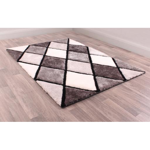 Modern 3D Carved Diamond Soft Sparkle Silky Shaggy Rug in Blush Pink, Grey, Yellow Ochre and Navy Blue