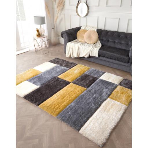 Modern 3D Hand Carved Blocks Soft Silky Shaggy Rug in Grey, Natural, Blush Pink, Yellow Ochre