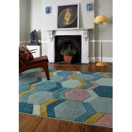 Sketch SK10 Hexagon Geometric Hand Carved Rug in Pastel Multicolours