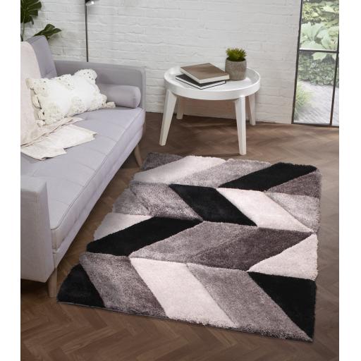 Blazon Modern 3D Hand Carved Geometric Shaggy Super Soft Rug in Blush Pink, Grey, Natural, Ochre and Navy Blue