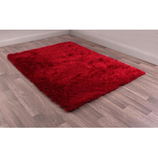 Boston Plain Thick Soft Fluffy Plush Silky Sparkle Shaggy Rug Round in Red