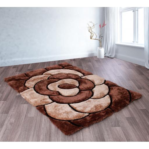 Modern 3D Carved Rose Soft Silky Shaggy Rug in Red, Natural, Charcoal Chocolate