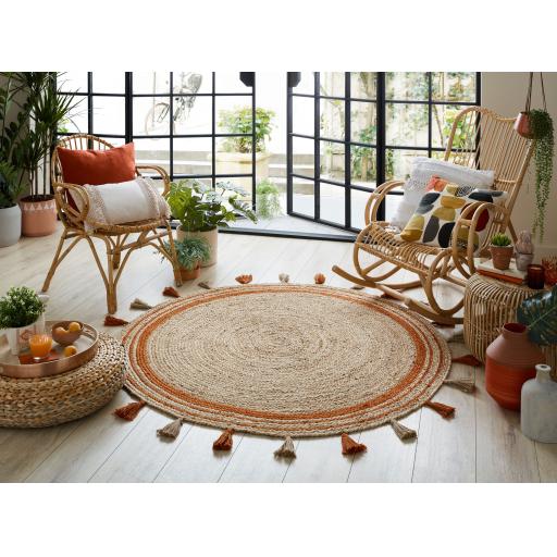 Lunara Jute Circle Istanbul Outdoor Indoor Tasseled Circle Rug in Natural Ochre, Grey and Orange 150 x 150 cm