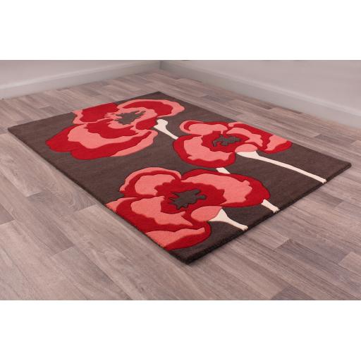 Poppie Hand Carved Soft Wool Floral Rug in Red, Grey Ochre, Purple, Beige Brown and Chocolate