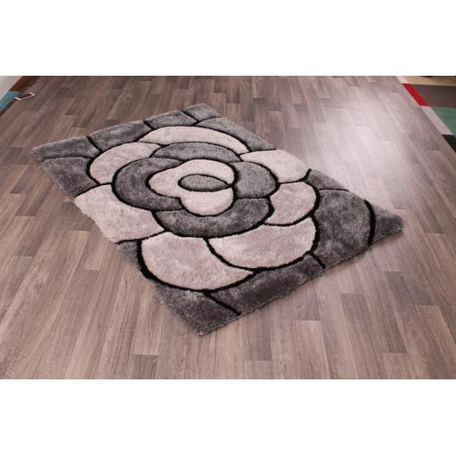 Modern 3D Carved Rose Soft Silky Shaggy Rug in Red, Natural, Charcoal Chocolate
