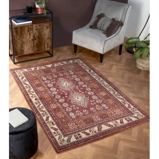 Orient 2520 Traditional Floral Bordered Rug Runner in Terracotta, Red, Navy and Cream