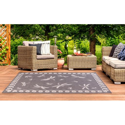 Terrace Dragonfly Outdoor Bordered Rug and Round in Silver/Grey