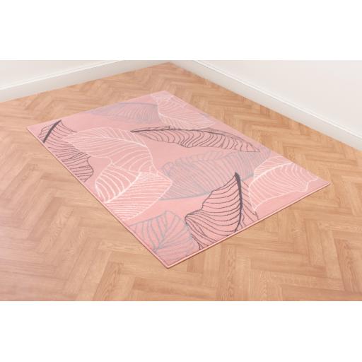 Modern Poly Autumn Leaves Rug in Pink, Grey and Navy