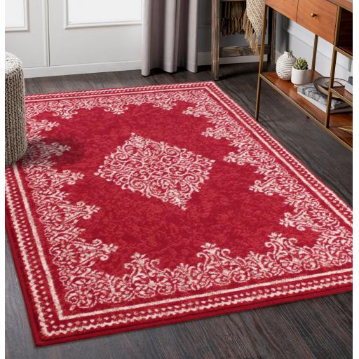 Traditional Poly Douglas Bordered Medallion Classic Rug in Grey Black Red Cream