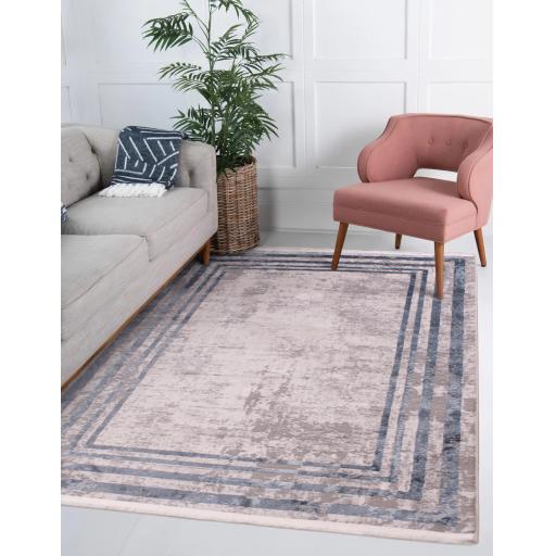 Sorento Nerano Bordered Modern Abstract Soft Silky Rug in Teal Grey