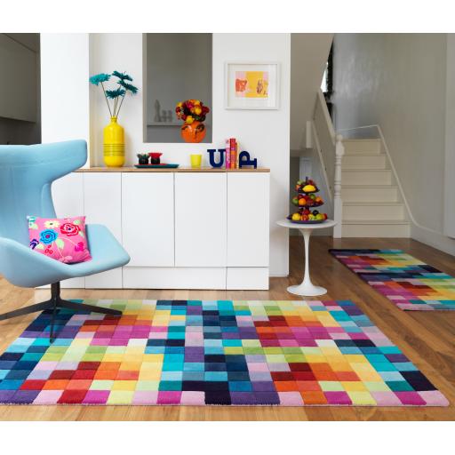 Funk Hand Tufted Wool Bright Multi Coloured Natural Boxes Squares Checked Rug Hall Runner