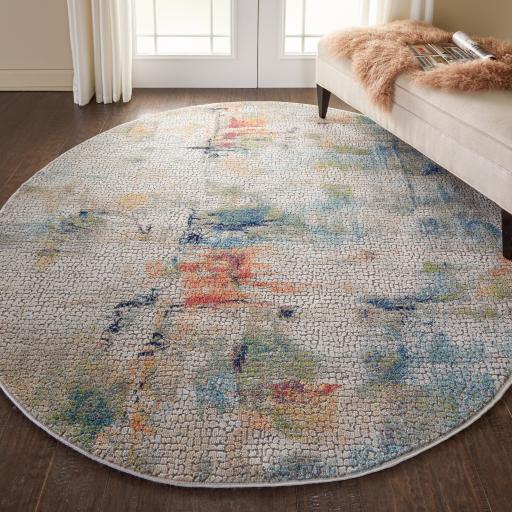 Nourison Ankara Global Modern Abstract Silky Round Rug in Ivory Multi