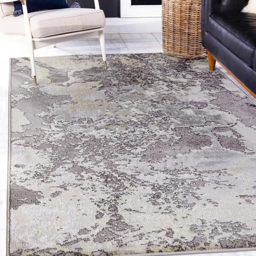 Modern Marbled Rug Gild Abstract Silky Rug in Silver Gold