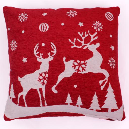 Christmas Snowy Reindeer Scene Soft Cushion in Red 45x45 cm