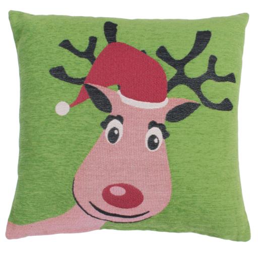 Christmas Rudolf Reindeer Soft Cushion in Green 45x45 cm