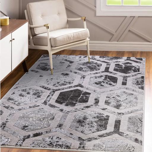 Modern Rug Abstract Geometric Honeycomb Marbled Patterned Silky Rug in Silver Beige